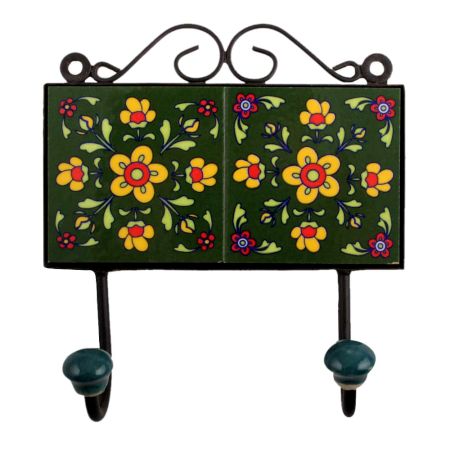Forest Green Yellow Floral Tiles Hooks
